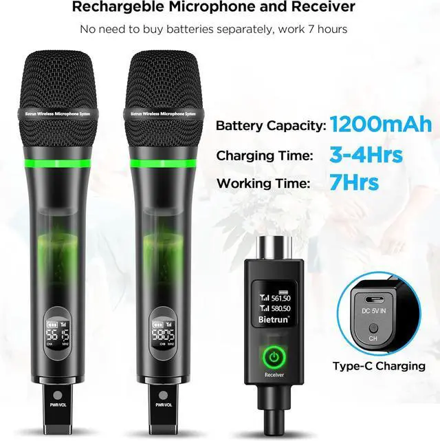 Alt view image 3 of 7 - XLR Wireless Microphone, Rechargeable Dual Metal Cordless Handheld Dynamic Mics for Mixer, Audio Interface, PA Amplifier System, Church, Singing, Karaoke(UHF 240FT Range)(with 6.35 Adapter)