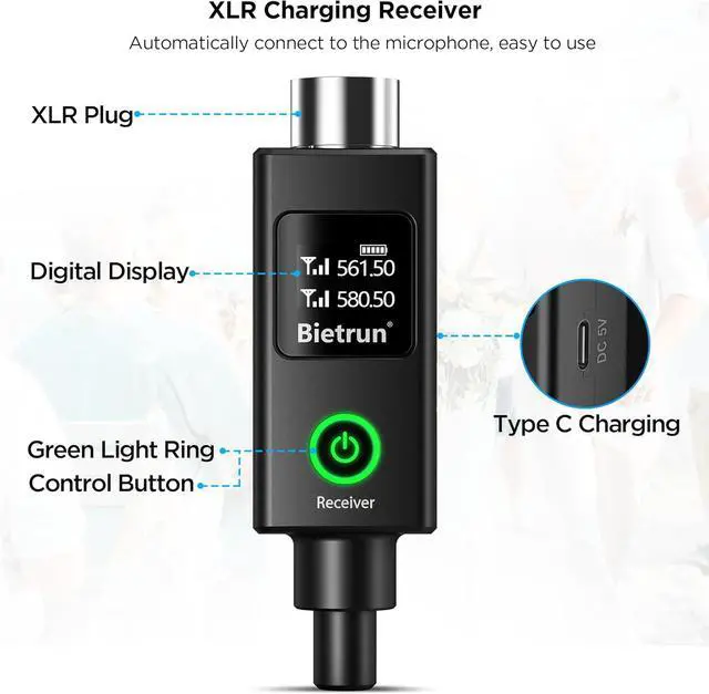 Alt view image 5 of 7 - XLR Wireless Microphone, Rechargeable Dual Metal Cordless Handheld Dynamic Mics for Mixer, Audio Interface, PA Amplifier System, Church, Singing, Karaoke(UHF 240FT Range)(with 6.35 Adapter)