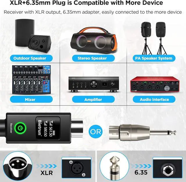 Alt view image 6 of 7 - XLR Wireless Microphone, Rechargeable Dual Metal Cordless Handheld Dynamic Mics for Mixer, Audio Interface, PA Amplifier System, Church, Singing, Karaoke(UHF 240FT Range)(with 6.35 Adapter)