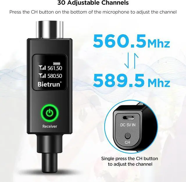 Alt view image 7 of 7 - XLR Wireless Microphone, Rechargeable Dual Metal Cordless Handheld Dynamic Mics for Mixer, Audio Interface, PA Amplifier System, Church, Singing, Karaoke(UHF 240FT Range)(with 6.35 Adapter)
