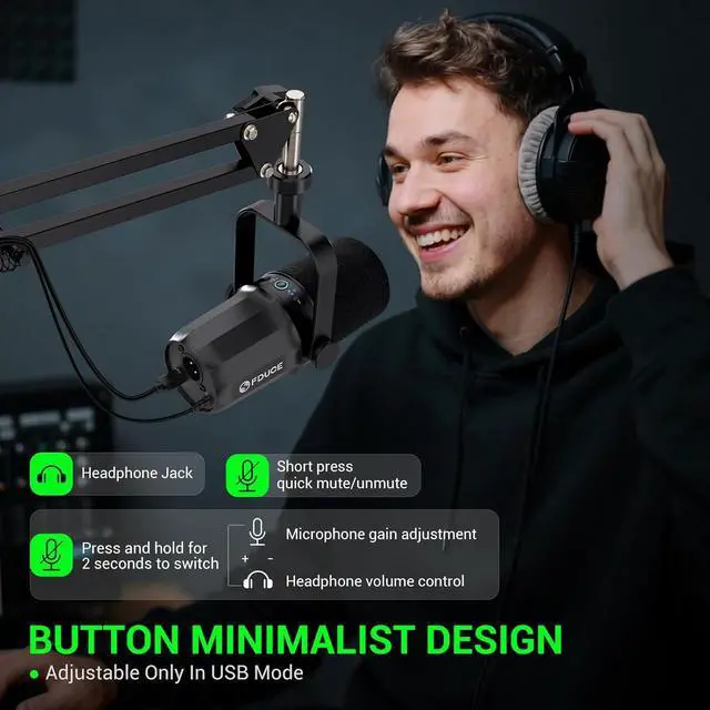 Alt view image 3 of 7 - Dynamic Microphone, XLR/USB Podcast Recording PC Microphone for Vocal Voice-Over Streaming, Studio Metal Mic with Mute, Headphone Jack, Monitoring Volume Control, with Boom Arm (SL40+)