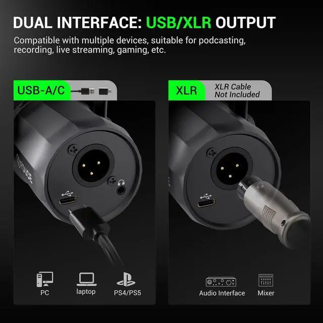 Alt view image 4 of 7 - Dynamic Microphone, XLR/USB Podcast Recording PC Microphone for Vocal Voice-Over Streaming, Studio Metal Mic with Mute, Headphone Jack, Monitoring Volume Control, with Boom Arm (SL40+)
