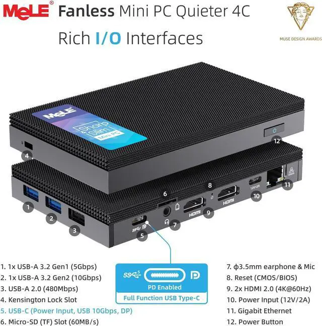 Alt view image 2 of 7 - Mini PC Quieter 4C - 12th Gen N100, Fanless PC, 16GB RAM, 512GB Storage, 2.4/5G Wi-Fi, Full-Functional USB-C, 4K Triple Display Desktop on Home, Office, Education, Astrophotography