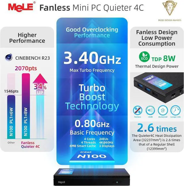 Alt view image 4 of 7 - Mini PC Quieter 4C - 12th Gen N100, Fanless PC, 16GB RAM, 512GB Storage, 2.4/5G Wi-Fi, Full-Functional USB-C, 4K Triple Display Desktop on Home, Office, Education, Astrophotography