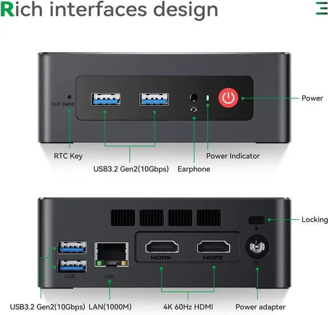 Alt view image 5 of 7 - Micro Computer 12th Gen Intel N100 4C/4T 16G DDR4 500G M.2 PCIE1/SATA SSD G4 Small PC OS Desktop PC,Wi-Fi 6 Working Mini Desktop, 4K@60Hz UHD Graphics Dual Display/BT5.2/OS