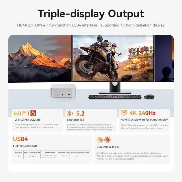 Alt view image 6 of 7 - SER9 Mini PC, AMD Ryzen 7 H 255(up to 4.9GHz), 32GB LPDDR5X 1TB PCIe4.0 SSD, Mini Desktop Computer Support 4K@240Hz Triple Display HDMI 2.1+DP+USB4/WiFi 6/BT5.2/2.5G LAN, Office/Home/Gaming PC