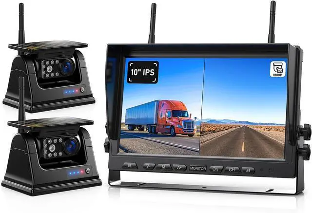 Main image of Magnetic Solar Wireless Backup Camera HD 1080P 10" DVR Monitor, Dual RV Cameras Wireless System for Hitch Towing Travel RV Camper 5th Wheel, Built-in 9600mAh Battery & Solar Panel, BD102