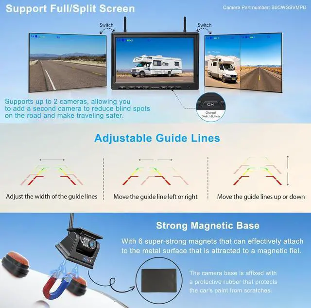 Alt view image 7 of 7 - Magnetic Solar Wireless Backup Camera HD 1080P 10" DVR Monitor, Dual RV Cameras Wireless System for Hitch Towing Travel RV Camper 5th Wheel, Built-in 9600mAh Battery & Solar Panel, BD102