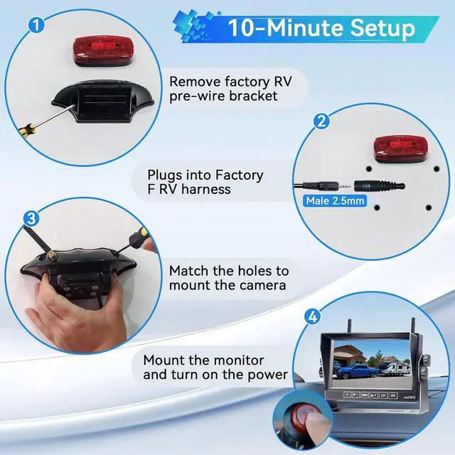 Alt view image 3 of 7 - RV Backup Camera Wireless Easy Install: Plug & Play for Furrion Pre-Wired RVs - 7 HD Touch Key Monitor, 1080P DVR, 4-Channel Split-Screen, Night Vision, IP69K Waterproof A7