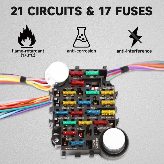 Alt view image 3 of 6 - 21 Circuit 17 Fuses Wiring Harness Kit, Universal Extra Long Automotive Wire Harness Compatible with GM Chevy Mopar Hotrods Ratrods Chrysler