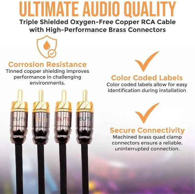 Alt view image 6 of 7 - Pro Series 15ft. 4-Channel Car Audio RCA Cable - Triple Shielded, Brass Connectors, Oxygen Free Copper Noise Reducing Audio Cable for Amplifiers Subwoofers Speakers and Processors  PRO415
