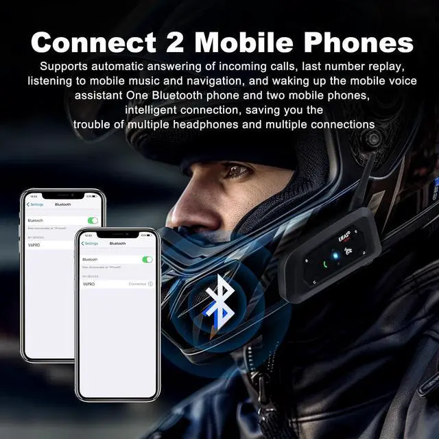 Alt view image 6 of 7 - V6 Pro Motorcycle Bluetooth Headset, Upgraded 2 Riders Intercom Helmet Communication System with Auto-Answering Call and Noise Reduction for Motorcycling Skiing and Climbing (2 Pack)