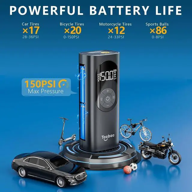 Alt view image 3 of 7 - Tire Inflator Portable Air Compressor for Car,Large motor 2x Fast, Bike Pumps with 150 PSI High Pressure Gauge and LED Light,Tire Pump Auto Shut-Off Electric Air Pump for Car Ball Motorcycle