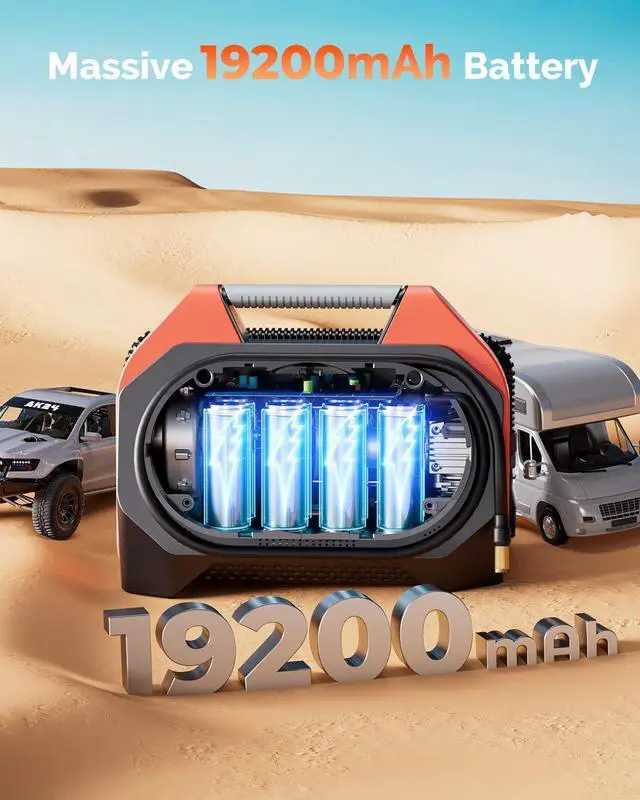 Alt view image 4 of 7 - VORTEX S6 Tire Inflator Portable Air Compressor for Heavy-duty Vehicle, Cordless Air Pump for Car & Inflatables with 19200 mAh Battery, 100% Duty Cycle & Dual Cylinder Bike Pump, Vivid Orange