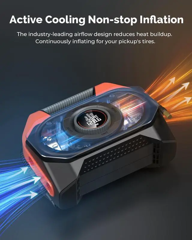 Alt view image 7 of 7 - VORTEX S6 Tire Inflator Portable Air Compressor for Heavy-duty Vehicle, Cordless Air Pump for Car & Inflatables with 19200 mAh Battery, 100% Duty Cycle & Dual Cylinder Bike Pump, Vivid Orange