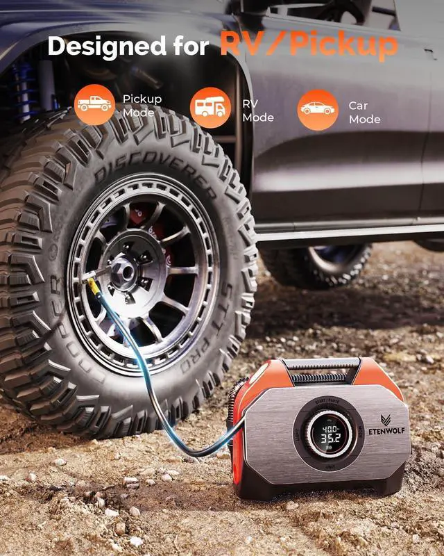 Alt view image 3 of 7 - VORTEX S6 Tire Inflator Portable Air Compressor for Heavy-duty Vehicle, Cordless Air Pump for Car & Inflatables with 19200 mAh Battery, 100% Duty Cycle & Dual Cylinder Bike Pump, Vivid Orange