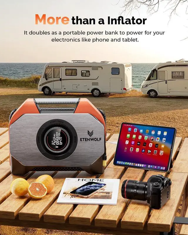 Alt view image 6 of 7 - VORTEX S6 Tire Inflator Portable Air Compressor for Heavy-duty Vehicle, Cordless Air Pump for Car & Inflatables with 19200 mAh Battery, 100% Duty Cycle & Dual Cylinder Bike Pump, Vivid Orange
