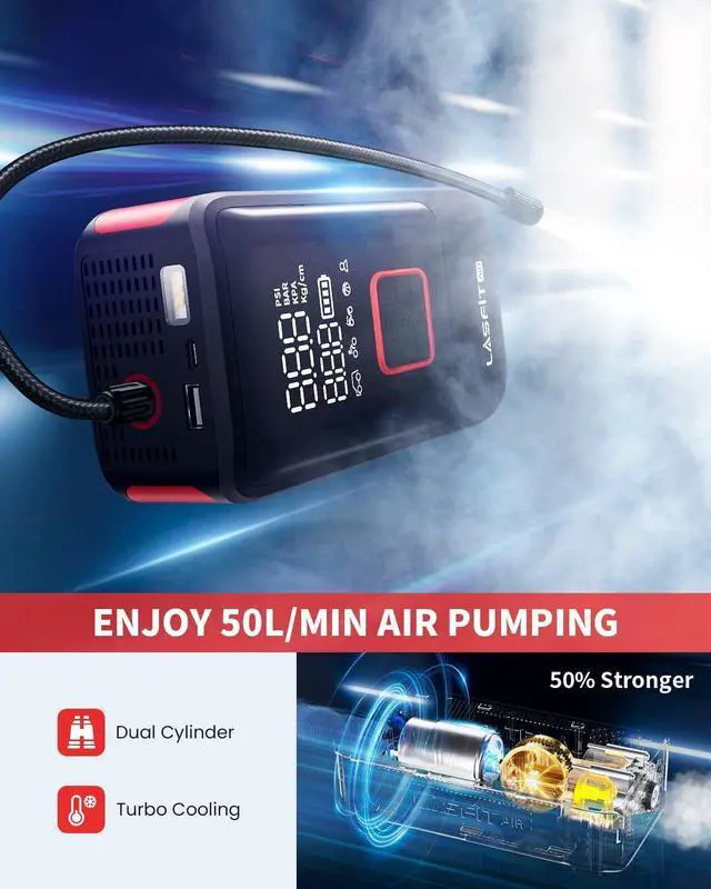 Alt view image 3 of 6 - LASFIT TK1 Tire Inflator Portable Air Compressor [Fit Pickup Truck & Large SUVs] 150PSI Tire Inflator 12000mAH Battery Operated Air Pump for Car Tires with Digital Pressure Gauge, Smart Auto Stop