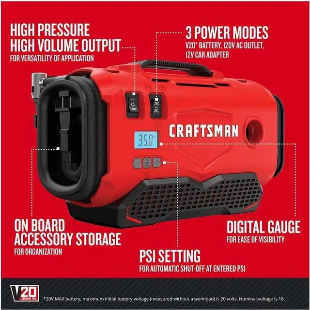 Alt view image 2 of 7 - V20 Tire Inflator, Portable Air Compressor, 3 Modes: Cordless, 120V Corded, and 12V Car Adapter, Air Pump, Battery Sold Separately (CMCE520B)