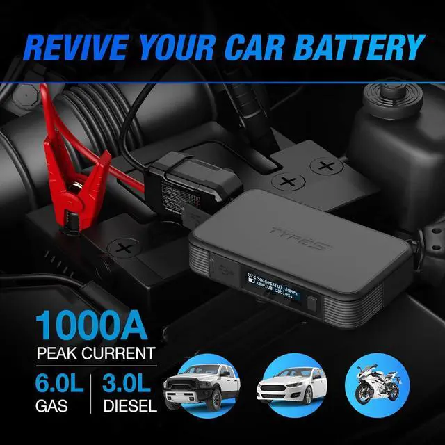 Alt view image 2 of 7 - Type S Dynamic Light DL20 1000A Car Battery Jump Starter 12V 6L Gas 3L Diesel LCD Display, Car Jumper Starter Portable Charger, Jump Box, Power Bank, Emergency Hazard Lights, UL Listed - Gray