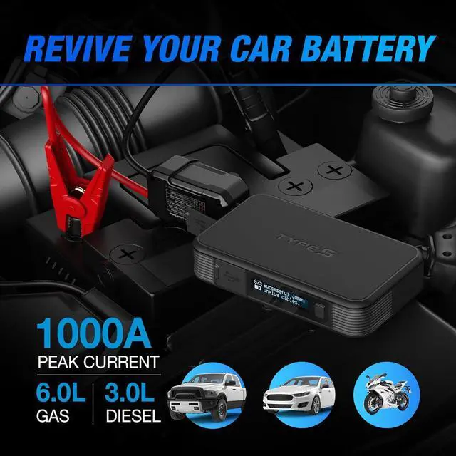 Alt view image 2 of 7 - Type S Dynamic Light DL20 1000A Car Battery Jump Starter 12V 6L Gas 3L Diesel LCD Display, Car Jumper Starter Portable Charger, Jump Box, Power Bank, Emergency Hazard Lights, UL Listed - Black