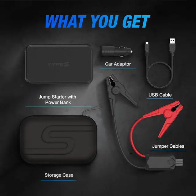 Alt view image 7 of 7 - Type S Dynamic Light DL20 1000A Car Battery Jump Starter 12V 6L Gas 3L Diesel LCD Display, Car Jumper Starter Portable Charger, Jump Box, Power Bank, Emergency Hazard Lights, UL Listed - Black