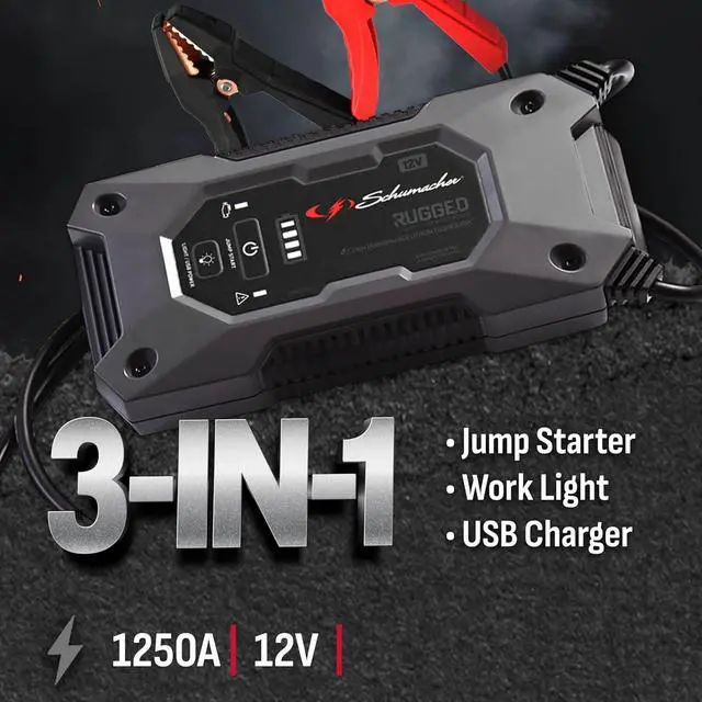 Alt view image 2 of 7 - Schumacher Electric 1250A Rugged Lithium Car Battery Jump Starter and Portable Power Pack/Jump Box, 3-in-1 Solution, 2.4A USB Charging, for 12V Power Sport, Automotive, and Marine Batteries, SL1648