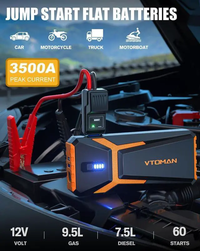 Alt view image 2 of 7 - V10 3500A Jump Starter, Portable Car Starter (9.5L Gas,7.5L Diesel Engine) 12V Lithium Jump Box, Auto Battery Booster Power Pack, Car Battery Charger Jumper Starter with Type C Quick Charge