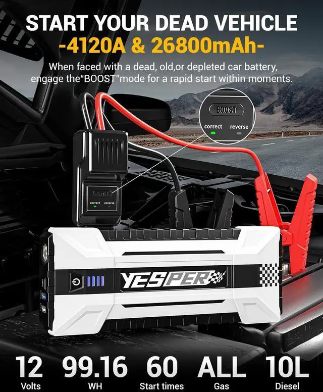 Alt view image 2 of 7 - YESPER 4120A Jump Starter, 12V Car Battery Jumper Starter Portable (All Gas, up to 10.0L Diesel Engine), 26800mAh Battery Start Booster Pack, Jump Box with Carry Case, Jumper Cables, LED Light