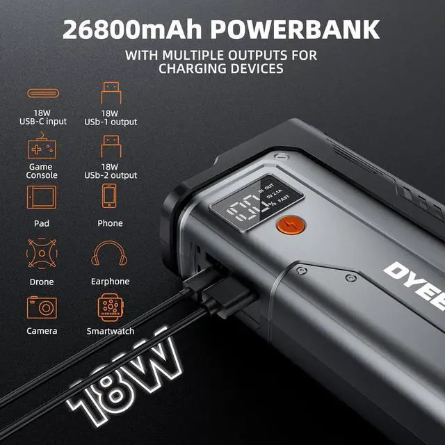 Alt view image 3 of 7 - 6000A Jump Starter, 12V Portable Car Jump Starter Battery Pack (All Gas and 10.0L Diesel Engines), 26800mAh Lithium Jump Box with Booster, LED Light, Jumper Cable