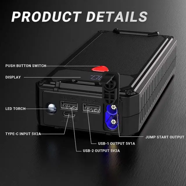 Alt view image 5 of 7 - 4000A Battery Jump Starter Portable, USB C Car Battery Pack Jump Starter Box for Car, 26800mAh Booster Jump Start Power Bank Jumper Starter Portable