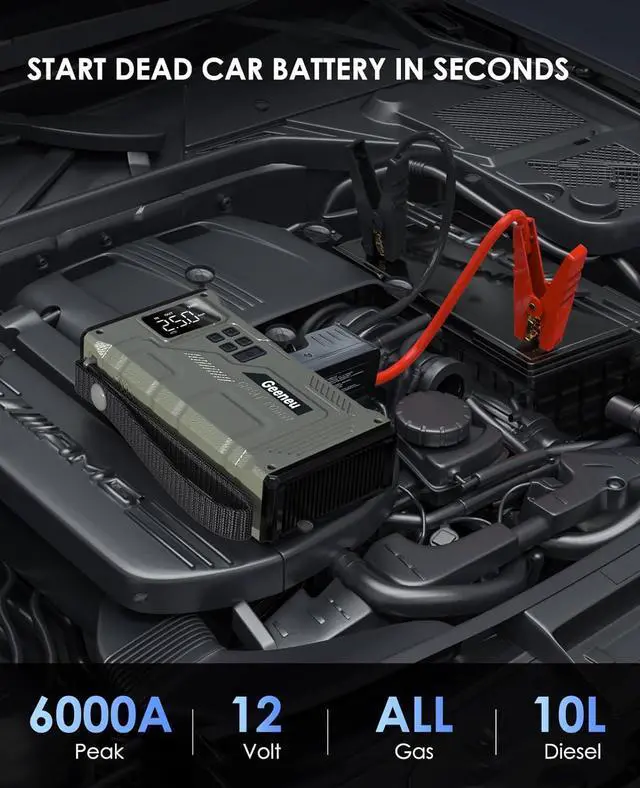 Alt view image 2 of 5 - Jump Starter with Air Compressor, Portable 6000A Peak Car Jumper Starter with 150PSI Digital Tire Inflator (All Gas/10L Diesel), Power Pack Booster Jump Box