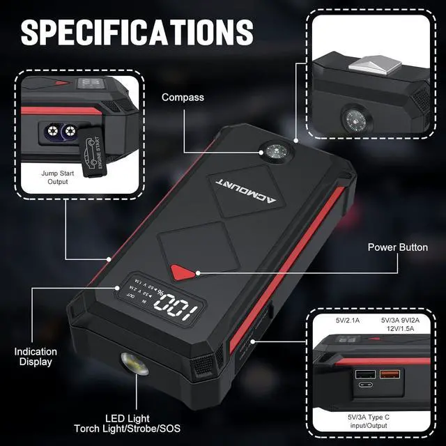 Alt view image 6 of 7 - P100 Car Jump Starter, 5000A Peak Lithium Jump Starter Battery Pack for Up to 10.0L Gas or 8.0L Diesel Engine, Safe 12V Portable Battery Starter Power Pack with LED Screen & LED Light