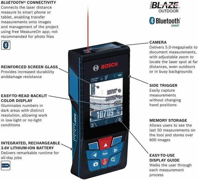 Alt view image 2 of 7 - BOSCH GLM400CL 400 Ft Blaze Outdoor Connected Laser Measure, Includes 1.0 Ah 3.7V Lithium-Ion Battery & Charger, Micro USB Cable, Hand Strap, & Pouch