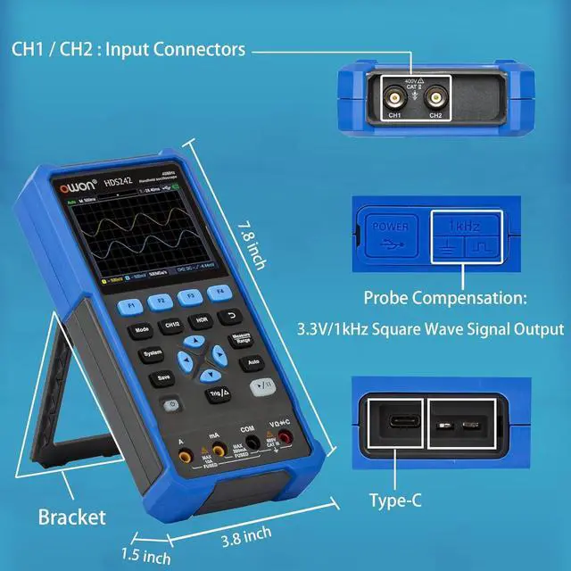 Alt view image 4 of 6 - HDS242 Oscilloscope, 40MHz Bandwidth 2CH Handheld Oscilloscope Multiumeter 2 in 1 Digital Oscillograph for Electronic Measurement, Circuit Design or Test