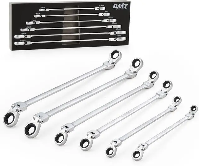Main image of 6-Piece Ratcheting Wrench Set, Metric 8-19 mm Flex Head Ratcheting Wrench Set, Extra Long Ratchet Wrench Set with 72 Tooth Gear & Double Box End