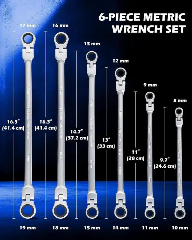 Alt view image 3 of 7 - 6-Piece Ratcheting Wrench Set, Metric 8-19 mm Flex Head Ratcheting Wrench Set, Extra Long Ratchet Wrench Set with 72 Tooth Gear & Double Box End