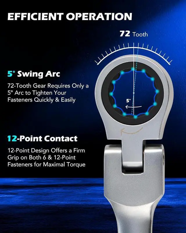 Alt view image 7 of 7 - 6-Piece Ratcheting Wrench Set, Metric 8-19 mm Flex Head Ratcheting Wrench Set, Extra Long Ratchet Wrench Set with 72 Tooth Gear & Double Box End