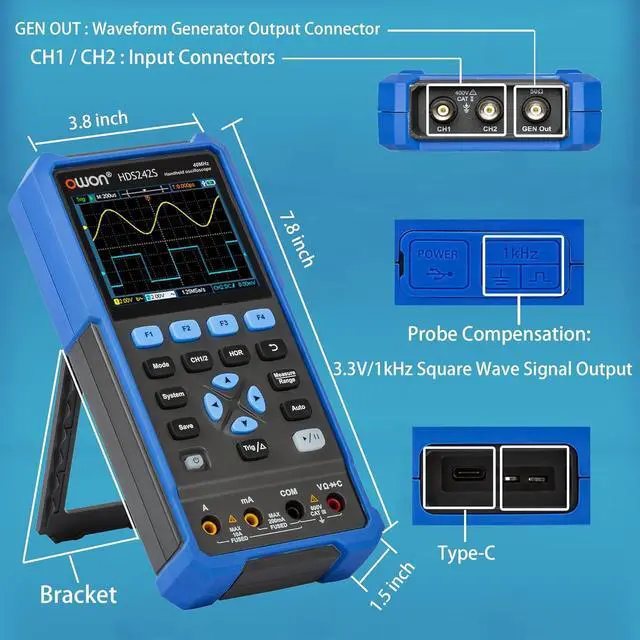 Alt view image 4 of 6 - HDS242S Oscilloscope, 2 in 1 Dual Channel 40MHz Bandwidth Handheld Oscilloscope Multiumeter with Waveform Generator for Automatic Measurements, Electronic Measurement 3.5 inch LCD