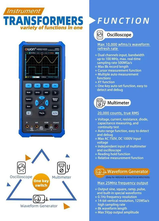 Alt view image 7 of 7 - HDS2102S Oscilloscope, 100MHz Bandwidth 2+1 CH Digital Handheld Oscilloscope Multimeter, 3 in 1 Waveform Generator for Electronic Measurement, Circuit Design Test