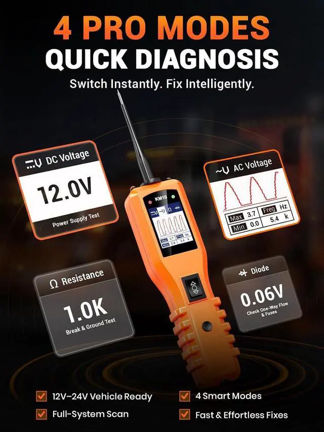 Alt view image 3 of 7 - KM10 Power Circuit Probe Kit, 12V 24V Automotive Circuit Tester, Digital Multimeter, Short Finder, AC/DC Voltage Tester, Diode & Resistance, Current Probe Component Activation, 20FT+20FT Cable
