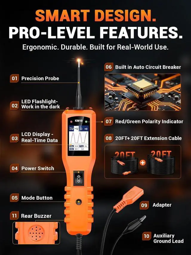 Alt view image 7 of 7 - KM10 Power Circuit Probe Kit, 12V 24V Automotive Circuit Tester, Digital Multimeter, Short Finder, AC/DC Voltage Tester, Diode & Resistance, Current Probe Component Activation, 20FT+20FT Cable
