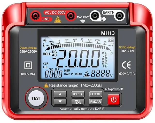 Main image of MH13 250V-2500V Digital Insulation Resistance Tester 1M-200G Megger Megohm Testing Meter Auto Range 2000 Counts LCD Display 10V~600V AC/DC Voltmeter with 100 Data Storage