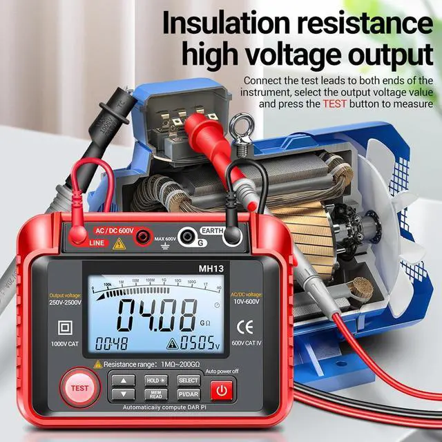Alt view image 5 of 7 - MH13 250V-2500V Digital Insulation Resistance Tester 1M-200G Megger Megohm Testing Meter Auto Range 2000 Counts LCD Display 10V~600V AC/DC Voltmeter with 100 Data Storage