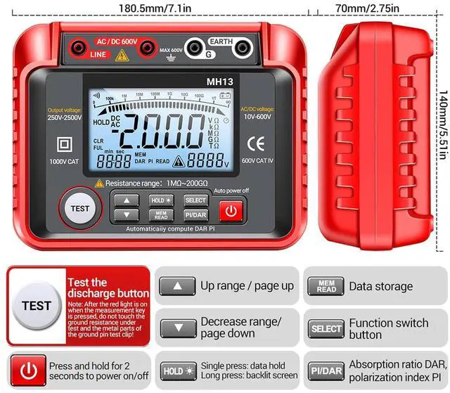 Alt view image 7 of 7 - MH13 250V-2500V Digital Insulation Resistance Tester 1M-200G Megger Megohm Testing Meter Auto Range 2000 Counts LCD Display 10V~600V AC/DC Voltmeter with 100 Data Storage