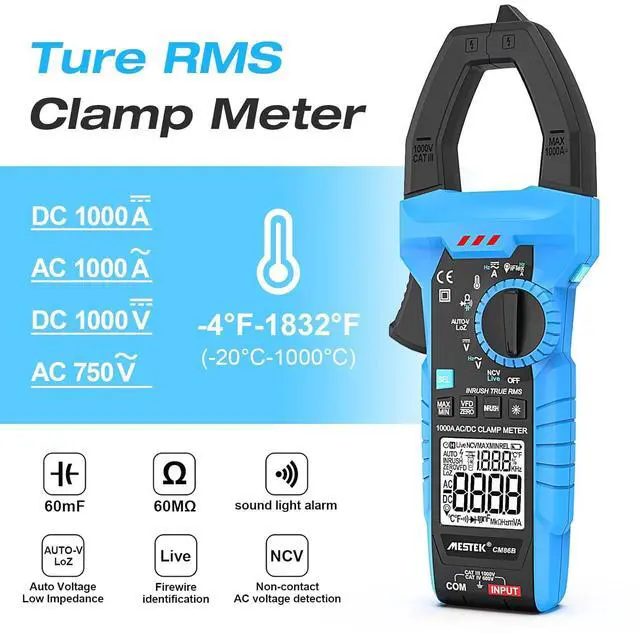 Alt view image 2 of 7 - Digital Inrush Clamp Meter Multimeter 1000A T-RMS 6000 Counts Voltage Tester Volt Amp Meter with VFD, LOZ Mode, Measuring AC DC Current Voltage Temperature Capacitance Resistance Continuity