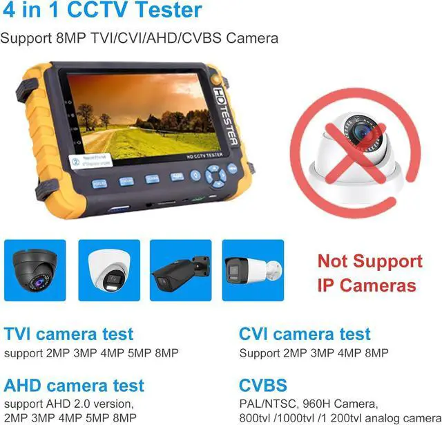 Alt view image 3 of 7 - Anpviz 5 Inch 4 in 1 CCTV Monitor Tester, AHD/TVI/CVI/CVBS Coaxial Analog Video CCTV Tester, UTP/PTZ Cable Test for 1080P/3MP/4MP/5MP/8MP Analog Security Camera, VGA DC12V Output Camera