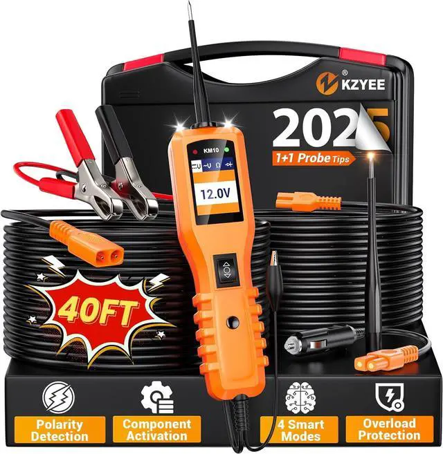 Main image of KM10 Power Circuit Probe Kit, 12V 24V Automotive Circuit Tester, Digital Multimeter, Short Finder, AC/DC Voltage Tester, Diode & Resistance, Current Probe Component Activation, 20FT+20FT Cable