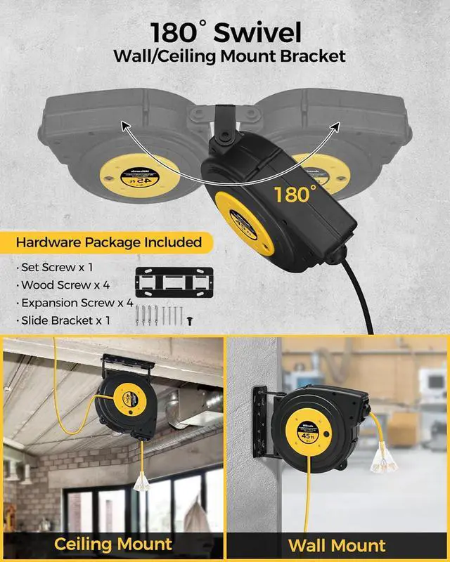 Alt view image 5 of 7 - Retractable Extension Cord Reel, 45 FT Heavy Duty Power Cord, 12AWG/3C SJTOW, 3 Grounded Outlets Lighted Triple Tap for Ceiling/Wall Mount, 15 Amp Circuit Breaker, UL Listed, Yellow Y45CR06