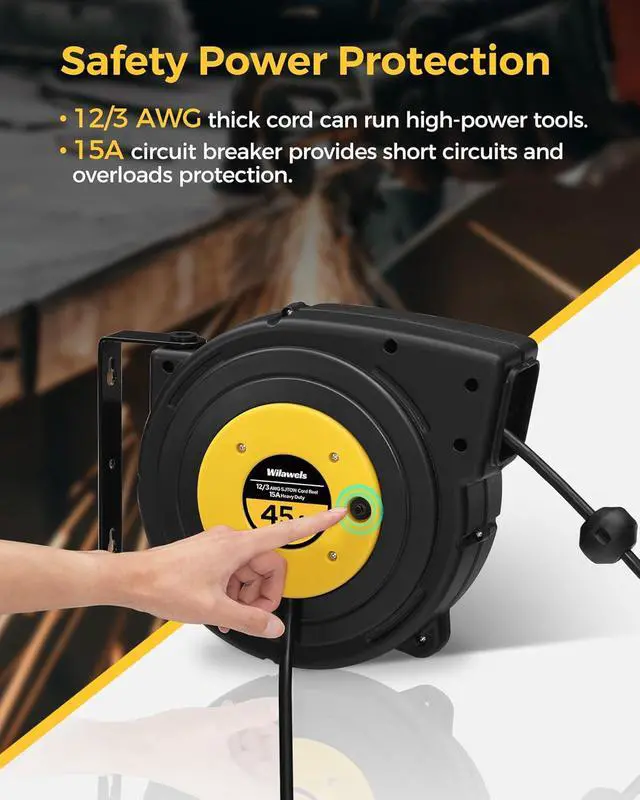Alt view image 6 of 7 - Retractable Extension Cord Reel, 45 FT Heavy Duty Power Cord, 12AWG/3C SJTOW, 3 Grounded Outlets Lighted Triple Tap for Ceiling/Wall Mount, 15 Amp Circuit Breaker, UL Listed, Yellow Y45CR06